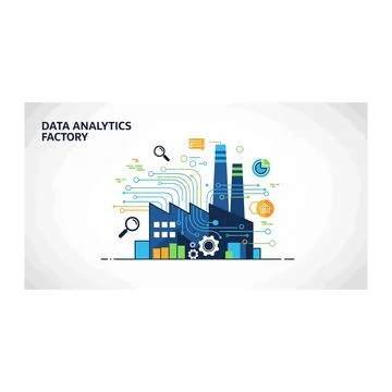 Data analytics factory with charts and network flow 스톡 일러스트