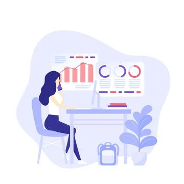 Data analytics, girl working with computer, vector Stock Illustration