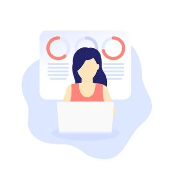 Data analytics, girl working with laptop, vector Stock Illustration