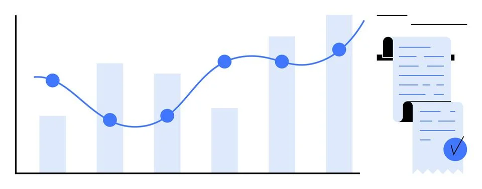 Data Analytics Graph with Growing Bar Chart and Financial Documents Stock Illustration