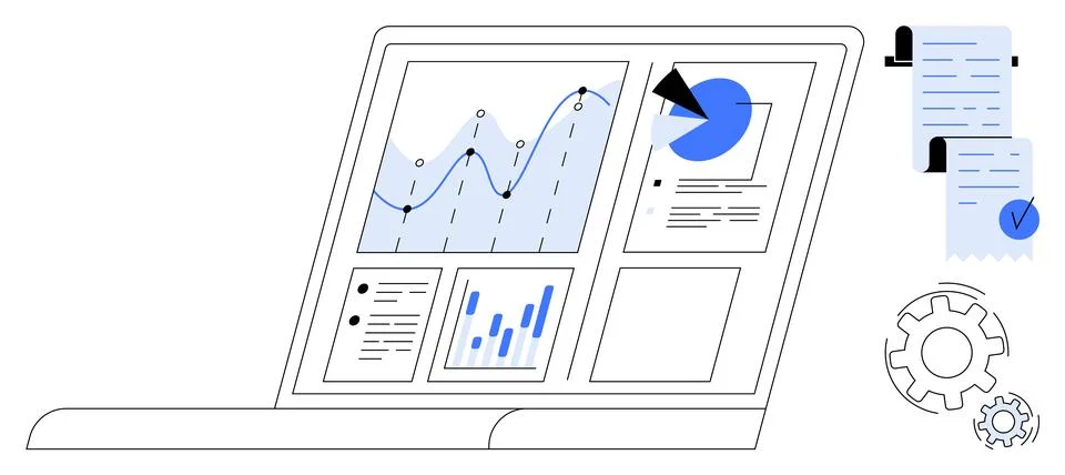 Data Analytics with Graphs and Reports on Laptop Screen 库存插图