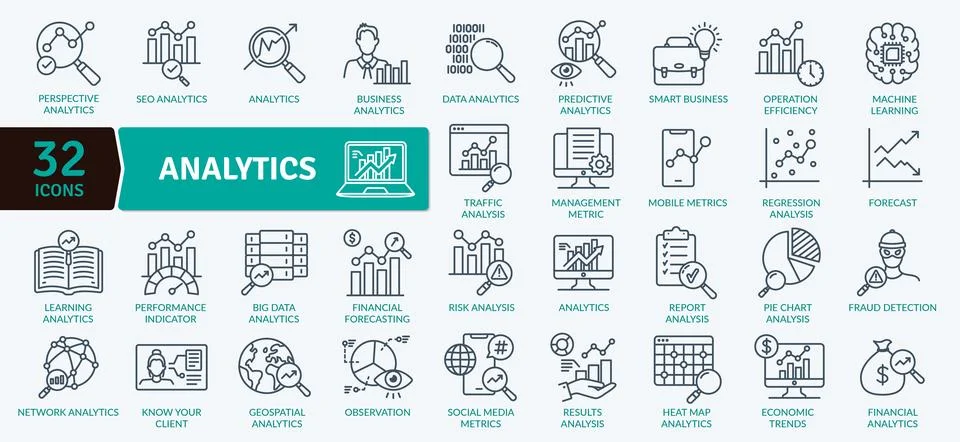 Data Analytics Icon Collection: 32 Business Intelligence Line Illustrations Stock Illustration