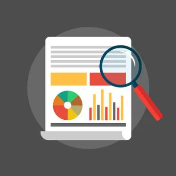 Data analytics icon with magnifying glass and charts. SEO symbol. Vector EPS 10 Stock Illustration