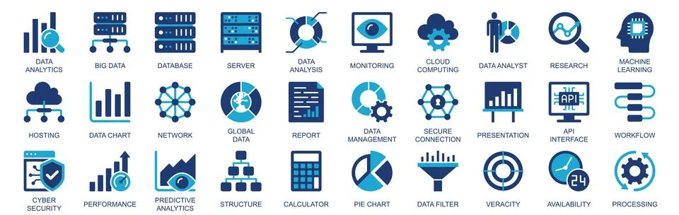 Data analytics icon set in flat duotone solid icons web design. Pack pictogra Stock Illustration