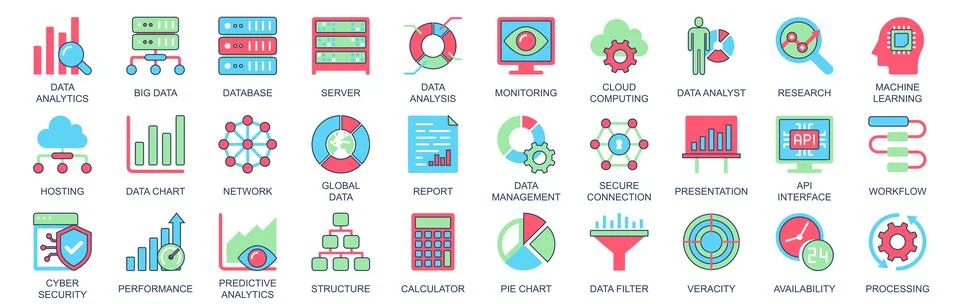 Data analytics icon set in flat color icons web design. Pack pictograms with  Stock Illustration