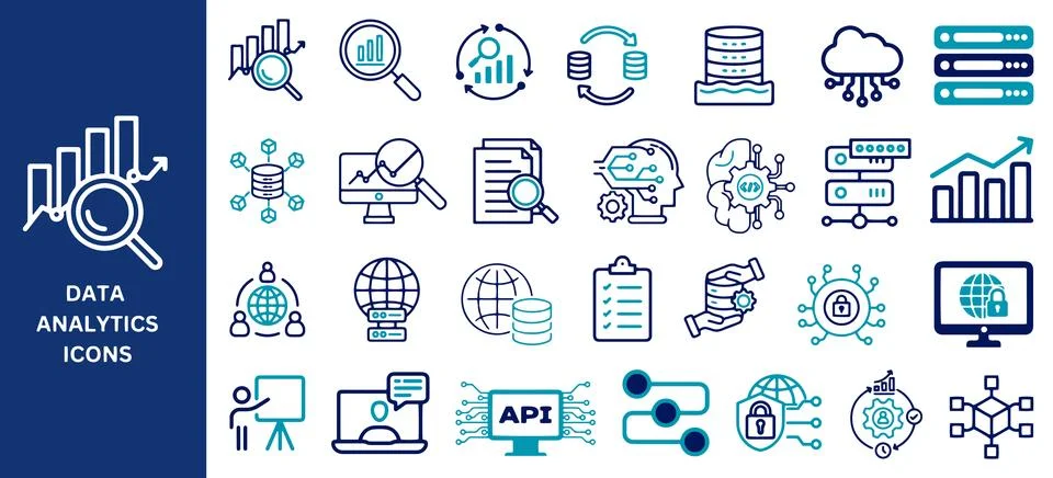 Data Analytics Icon Set. Search data, big data analysis, statistics, analytics. Stock Illustration