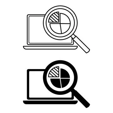 Data Analytics Icons. Black and White Vector Icons of Laptop and Magnifying.. Stock Illustration