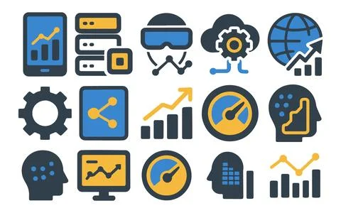 Data Analytics Icons Set Showing Charts, Server, VR Glasses, Cloud Computin.. Illustrazione stock