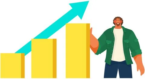 Data analytics information and development statistics. Man analyses bar chart Stock Illustration
