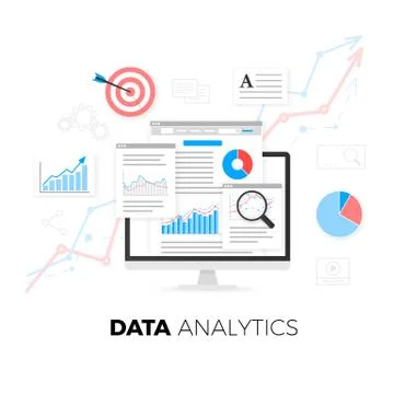 Data analytics information and web development website statistic. Vector illu Illustrazione stock