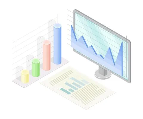 Data analytics information on computer screen isometric vector illustration Illustrazione stock