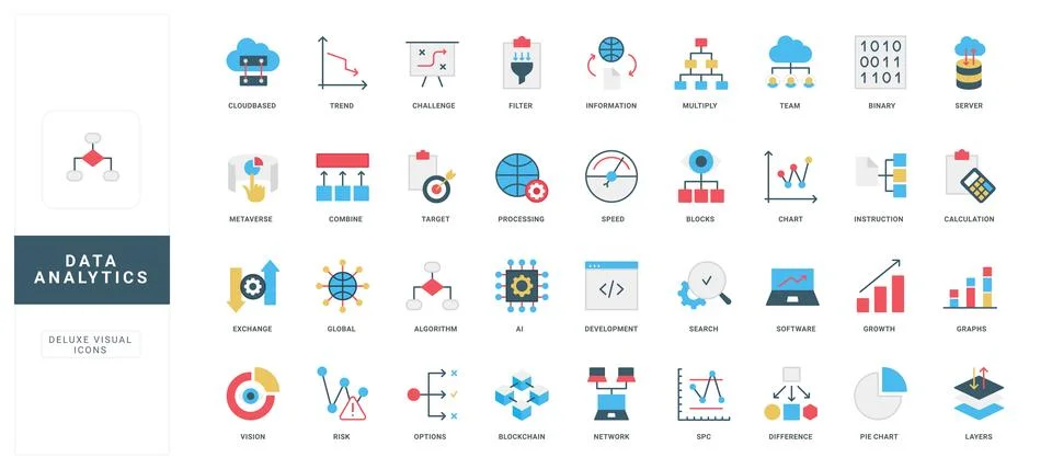 Data analytics, information research and algorithms, AI and blockchain color 스톡 일러스트