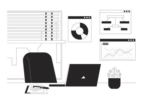 Data analytics job workspace black and white 2D illustration concept Illustrazione stock