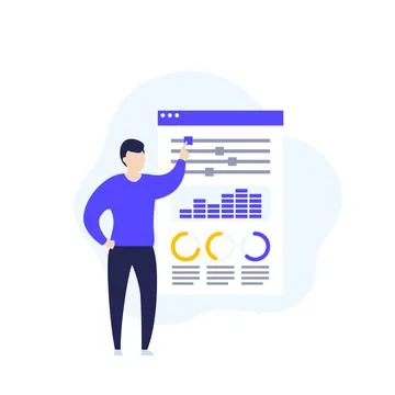 Data analytics, a man at the dashboard 스톡 일러스트