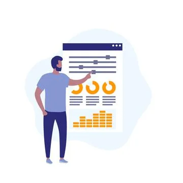 Data analytics, man at the dashboard, vector Stock Illustration