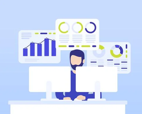 Data analytics, man working with business data Illustrazione stock