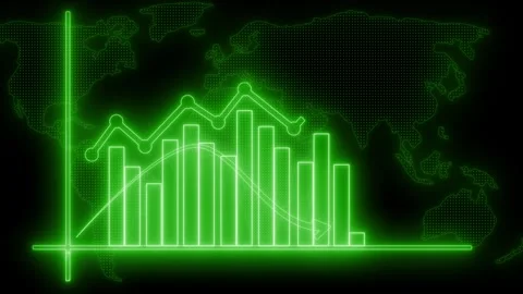 Data Analytics Neon Bar Chart Visualization, Glowing Graphs on World Map Ba.. Stock Footage 318101332