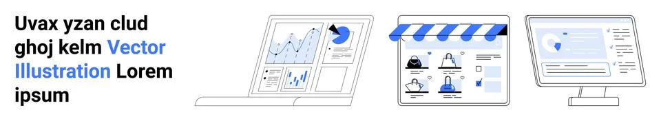 Data Analytics, Online Storefront, and Article Reading on Digital Devices Stock Illustration