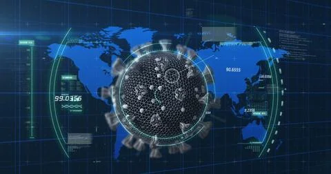 Data analytics overlaying digital globe, showcasing global finance trends on 스톡 일러스트