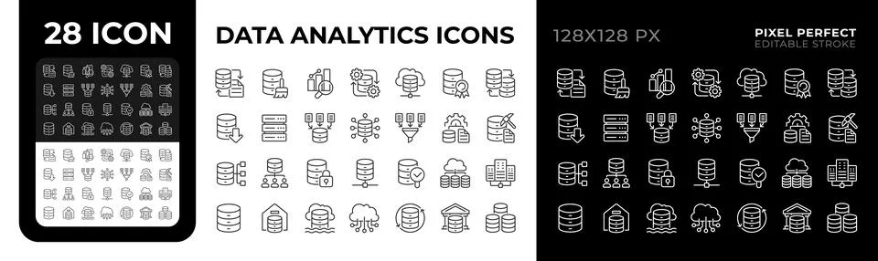 Data analytics pixel perfect black and white line icons set 스톡 일러스트