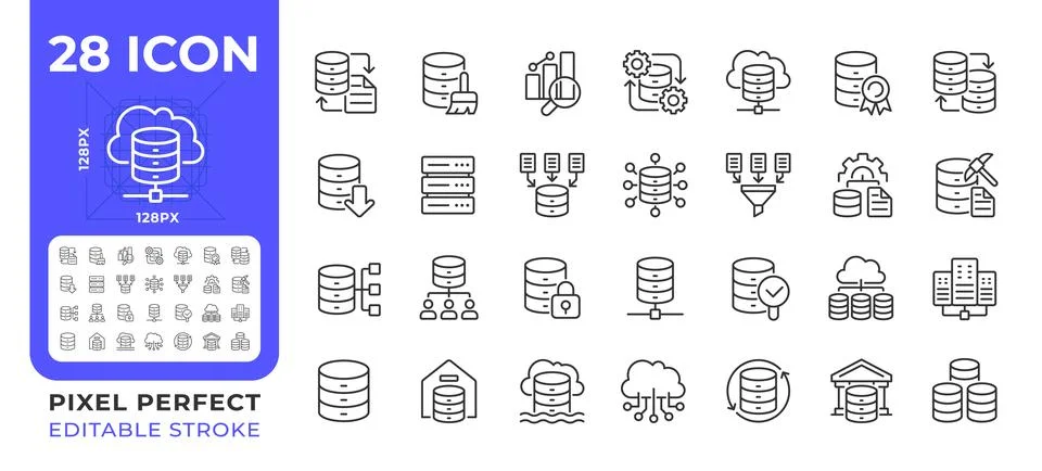 Data analytics pixel perfect line icons set Stock Illustration