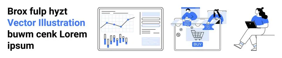 Data analytics process with charts, reports and business expert analyzing f.. Illustrazione stock