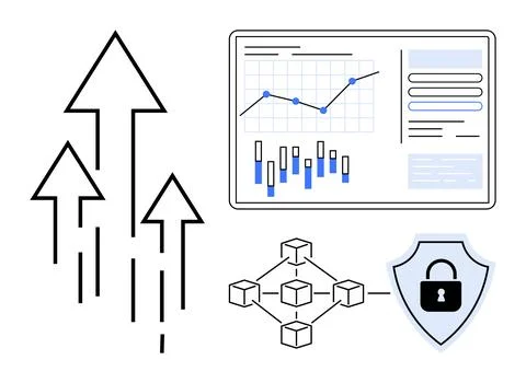 Data analytics screen with blockchain elements, security shield, and upward.. Stock Illustration