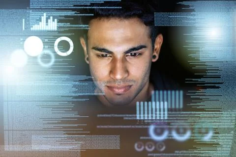 Data analytics, screen hologram and man in stock market research, graphs or Stock Photos