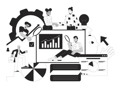 Data analytics service black and white 2D illustration concept Stock Illustration