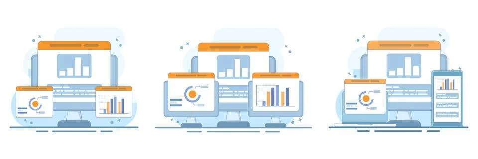 Data analytics set, computer monitors, statistical reports, research charts. Ilustração Stock