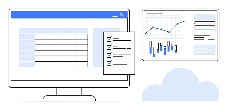 Data Analytics with Spreadsheet and Dashboard Displaying Charts and Graphs Illustrazione stock
