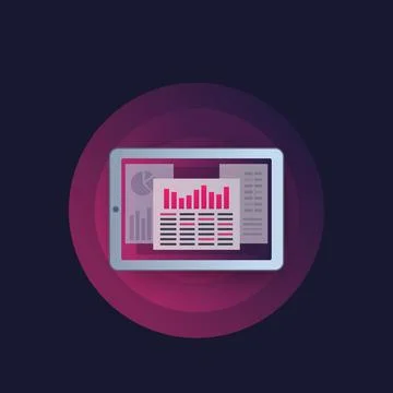Data analytics, statistics charts and spreadsheet in tablet vector icon Stock Illustration
