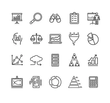 Data Analytics Statistics Signs Black Thin Line Icon Set. Vector Stock Illustration