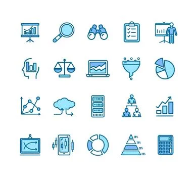 Data Analytics Statistics Signs Color Thin Line Icon Set. Vector Illustrazione stock