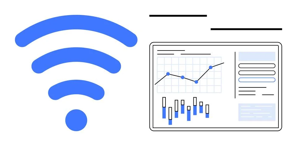 Data analytics on tablet screen next to a large blue wireless signal icon 스톡 일러스트