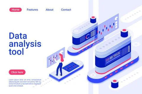 Data analytics tool isometric landing page template. Information management Illustrazione stock