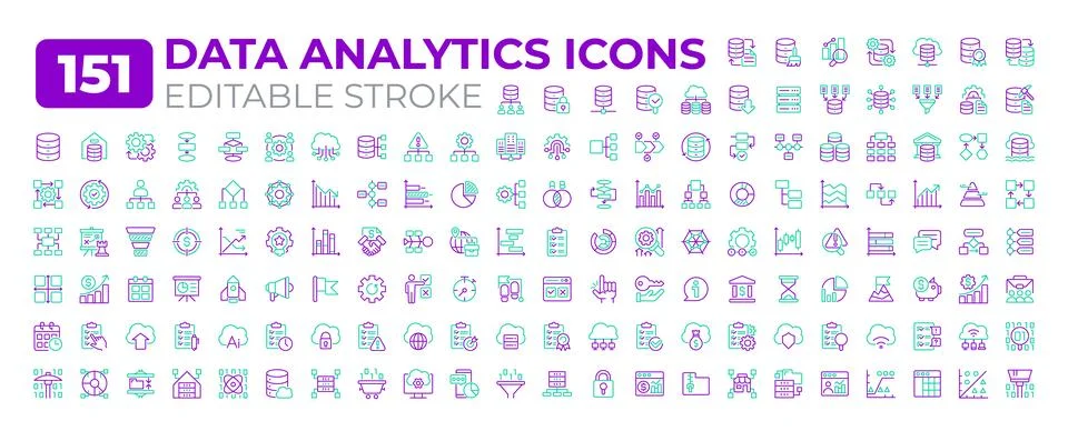 Data analytics two color line icons set collection Stock Illustration