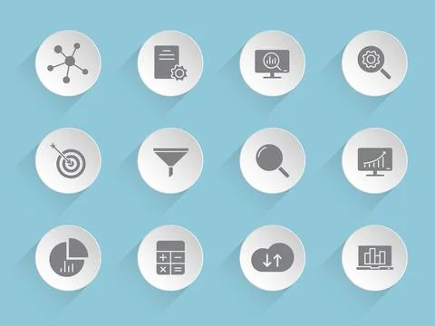 Data analytics vector icons on round puffy paper circles イラスト素材