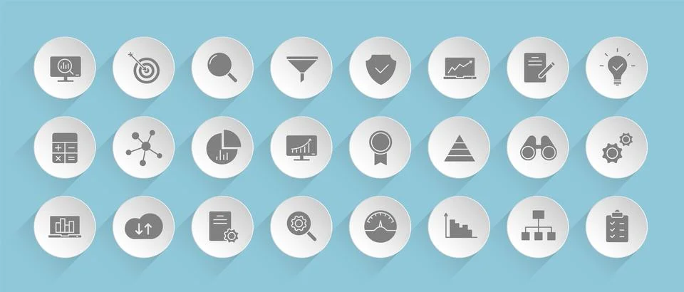 Data analytics vector icons on round puffy paper circles 스톡 일러스트