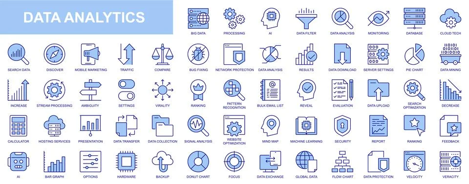 Data analytics web icons set in blue line design. Pack of database, big dat.. Stock Illustration