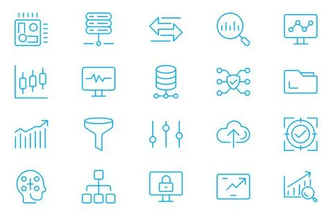 Data analytics web icons set . Pack of database, big data process, ai, moni.. Stock Illustration