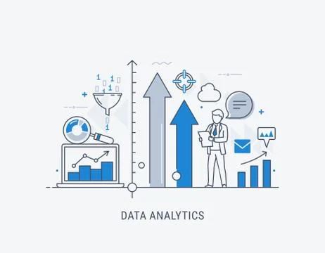 Data analytics website banner thin line vector illustration Stock Illustration