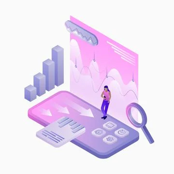 Data Analytics in Your Phone Illustration. Data Analyse. Diagrams. White Stock Illustration