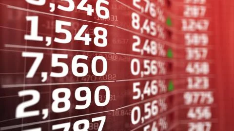 Data analyzing in forex market: quotes on a red display. Abstraction Stock Illustration