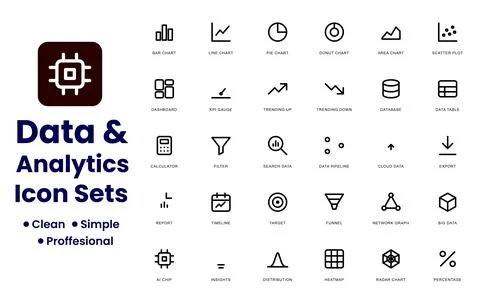 Data and Analytics Vector Icon Set - Minimalist Black Outline Icons イラスト素材