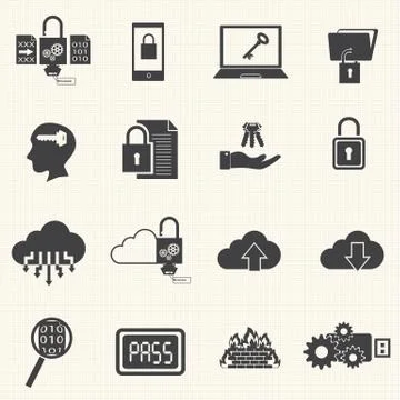 Data and computer security icon set with texture background. Vector Illustrazione stock