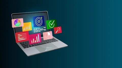 Data and management analysis system with KPIs and indicators connected to d.. Stock Photos