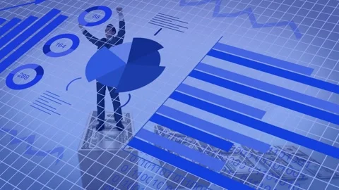 On data appearing, biz analyst on platform raising arms aligning pie ring charts Stock Footage 335235646