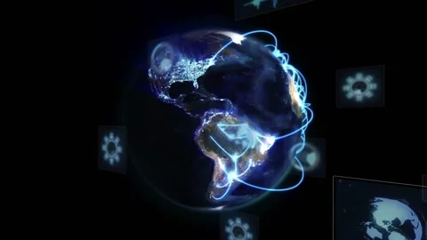 Data arrival causing globe rotating with city lights, blue arcs, pulsing nodes, Stock Footage 331198050