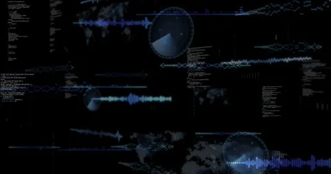 On data arrival data HUD fading in, layering waveforms, rotating dials, Stock Footage 328684303